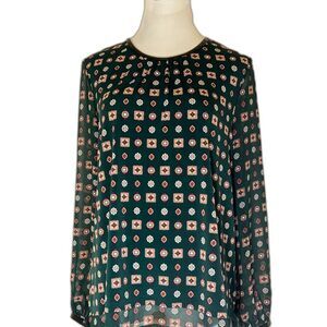 Women's Green Calvin Klein Long Sleeve Blouse with Faux Leather Trim Size Medium